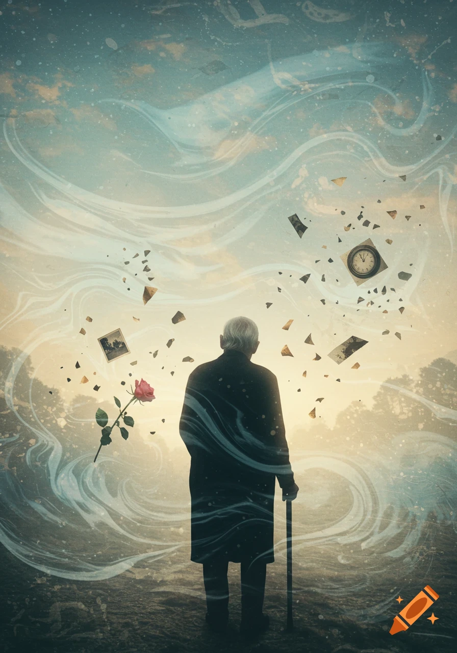 Surreal image of an elderly person with a cane, back to viewer, surrounded by swirling mist and fragments of memories like photos, a rose, and a clock.