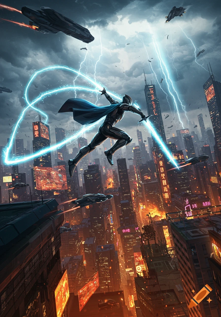 A superhero-like figure with a glowing sword and cape leaps through a lightning-storm filled cyberpunk city with flying vehicles.