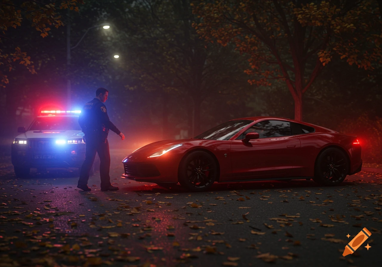 A police officer stands next to a red sports car with flashing police lights in the background at night, fallen leaves on the road.