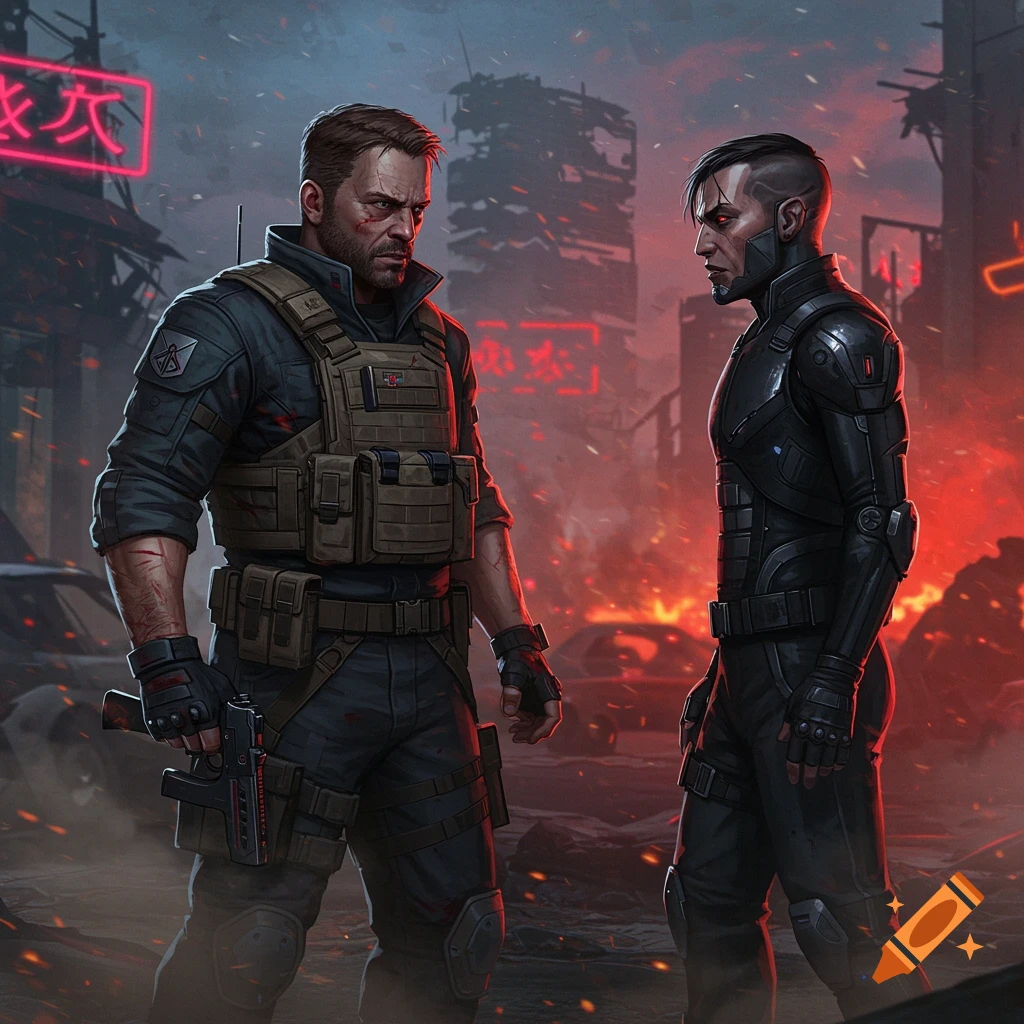 Two men, one in tactical gear holding a gun and another in a black armored suit, face each other in a burning, destroyed cyberpunk city with neon signs.