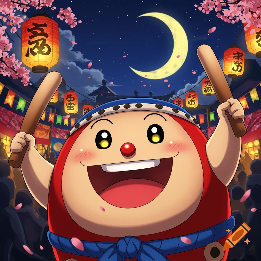 A cheerful cartoon character with a red body and a blue headband holds drumsticks under a crescent moon, surrounded by cherry blossoms and illuminated Japanese lanterns at night.