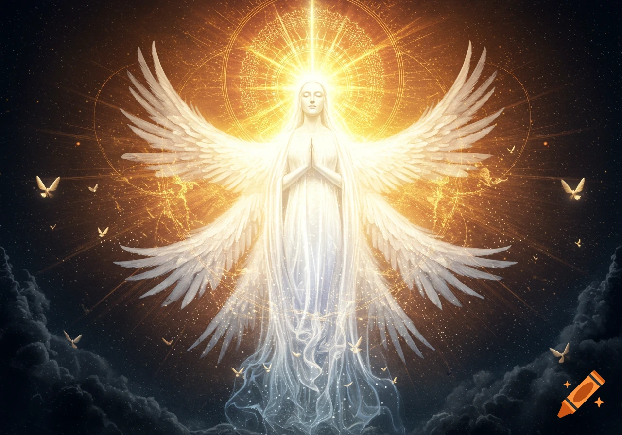 A radiant angelic figure with large white wings, hands clasped, enveloped in golden light and celestial patterns, surrounded by flying white forms.