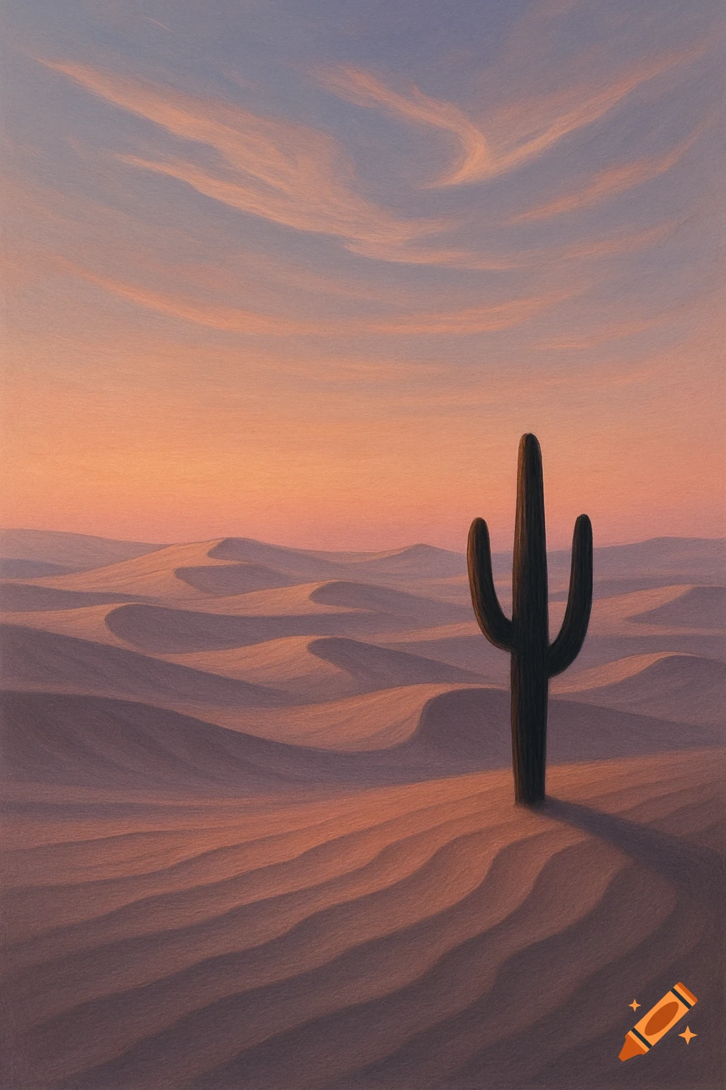 A stylized painting of a saguaro cactus in a desert with rolling dunes at sunset.