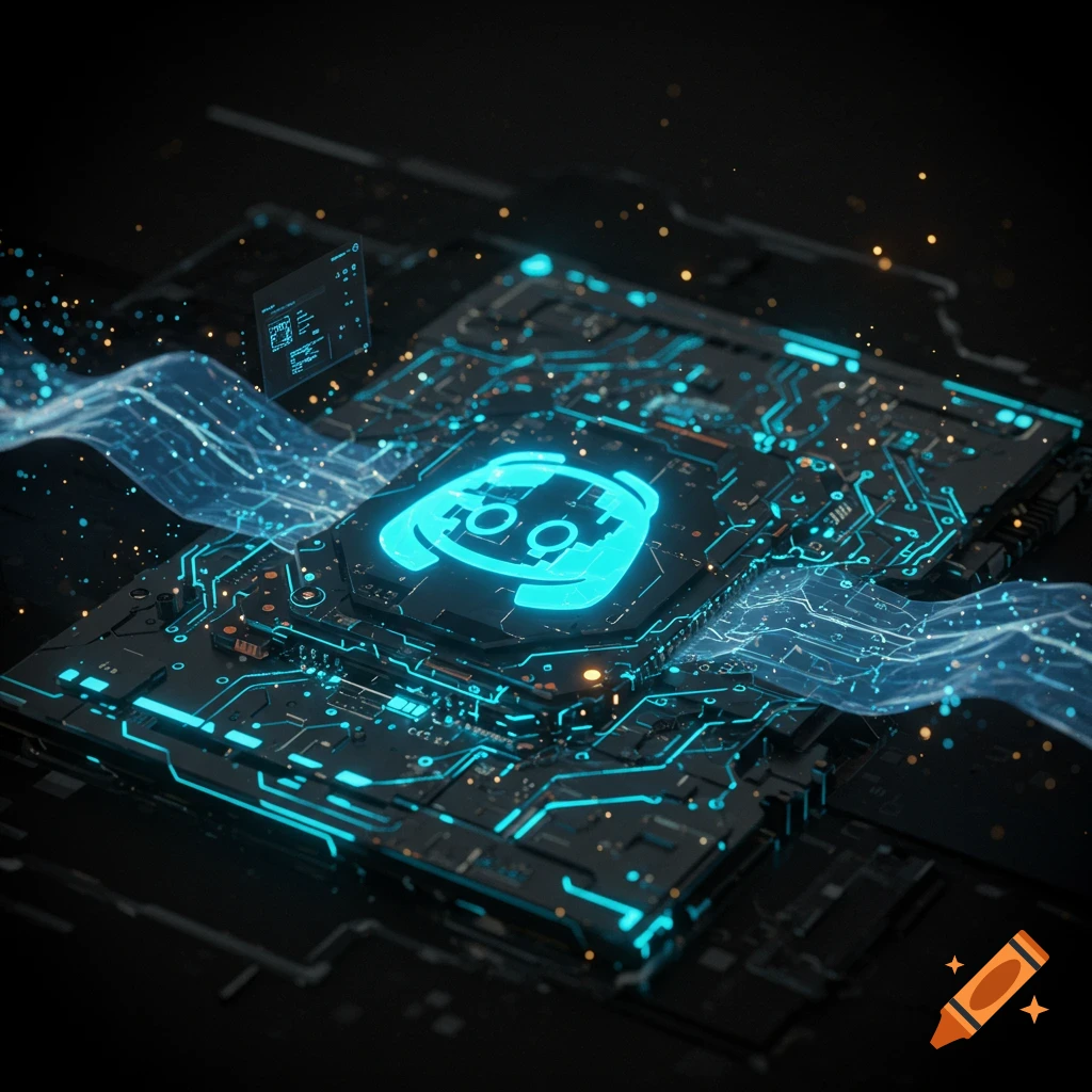 A glowing blue Discord logo sits on a dark futuristic circuit board with intricate blue light trails and floating particles.