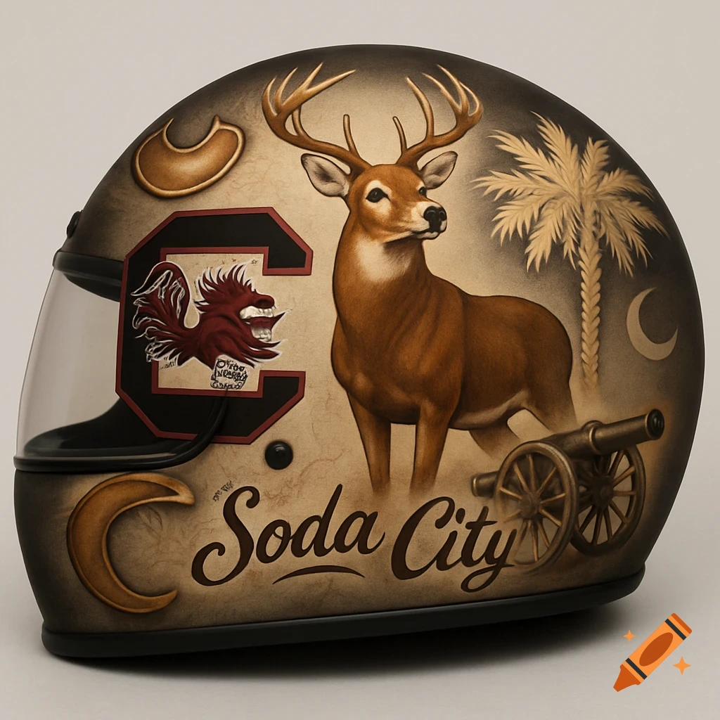 A customized motorcycle helmet featuring a large brown deer, a stylized garnet 'C' logo with a gamecock, a palmetto tree, a crescent moon, a revolutionary war cannon, and 'Soda City' text.