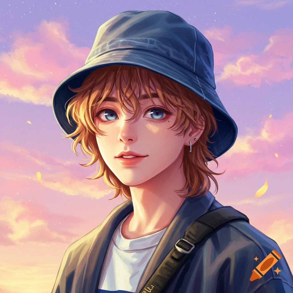 A vibrant anime-style portrait of a boy with blond wavy hair and blue eyes, wearing a blue bucket hat, against a pink and orange sky.