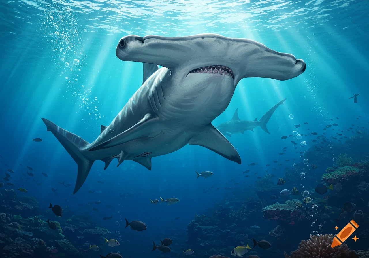 A large hammerhead shark swims in clear blue ocean water with sunbeams filtering down, surrounded by coral and small fish.