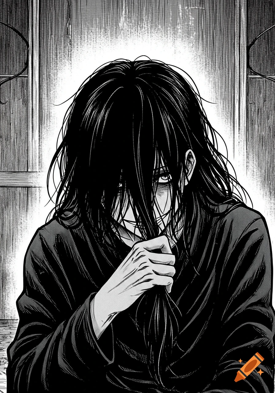 A black and white manga-style portrait of a person with long, dark, messy hair covering their face, pulling at a strand of hair with one hand. One eye peers from behind the hair.