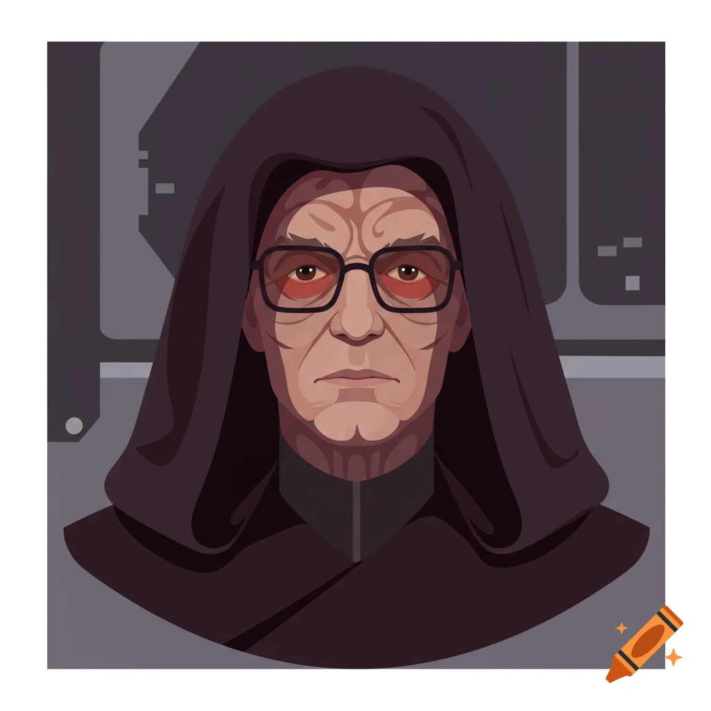 A stylized illustration of Emperor Palpatine wearing square glasses, with a serious expression and hood, against a dark, mechanical background.
