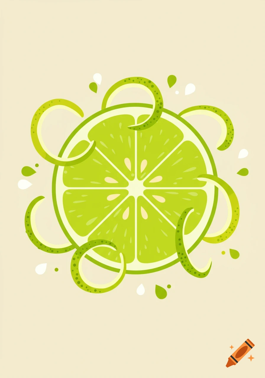 Stylized illustration of a lime slice surrounded by green lime zest peels and splatters on a light background.