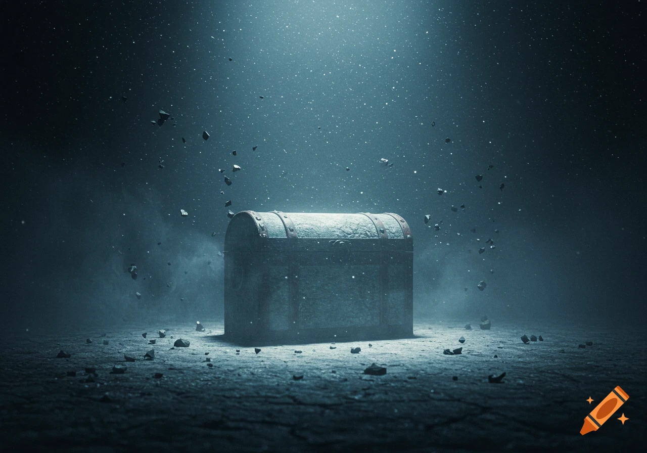 A dusty, ornate wooden chest sits alone in a dark, desolate space, illuminated by a beam of light with floating particles.