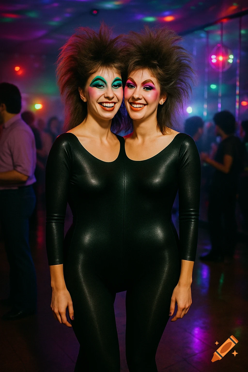 Two women with teased hair and vibrant makeup wear a single black leotard at a disco-themed Halloween party.