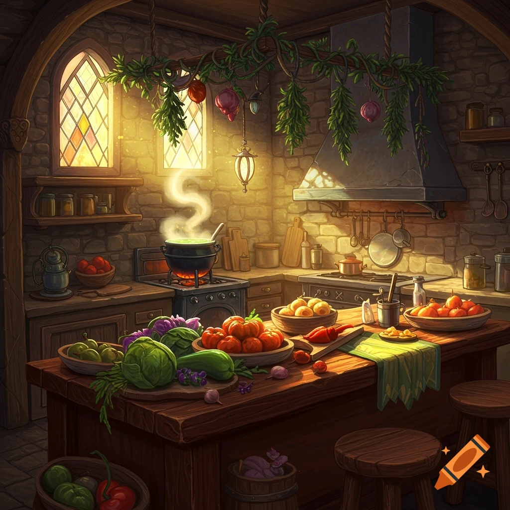 A warm, rustic fantasy kitchen with a large wooden island piled with fresh vegetables, a pot steaming on a stove, and sunlight streaming through stained-glass windows.