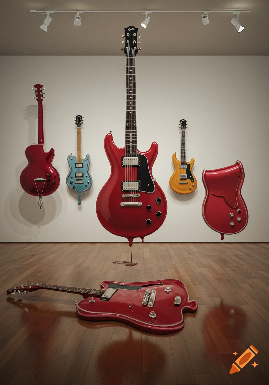 Melting electric guitars displayed in an art gallery, reminiscent of Salvador Dali's style.