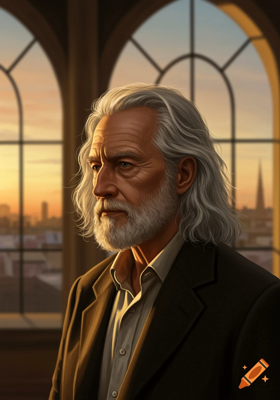 A man with long grey hair and a beard looks out a window at a city skyline at sunset in a photorealistic style.
