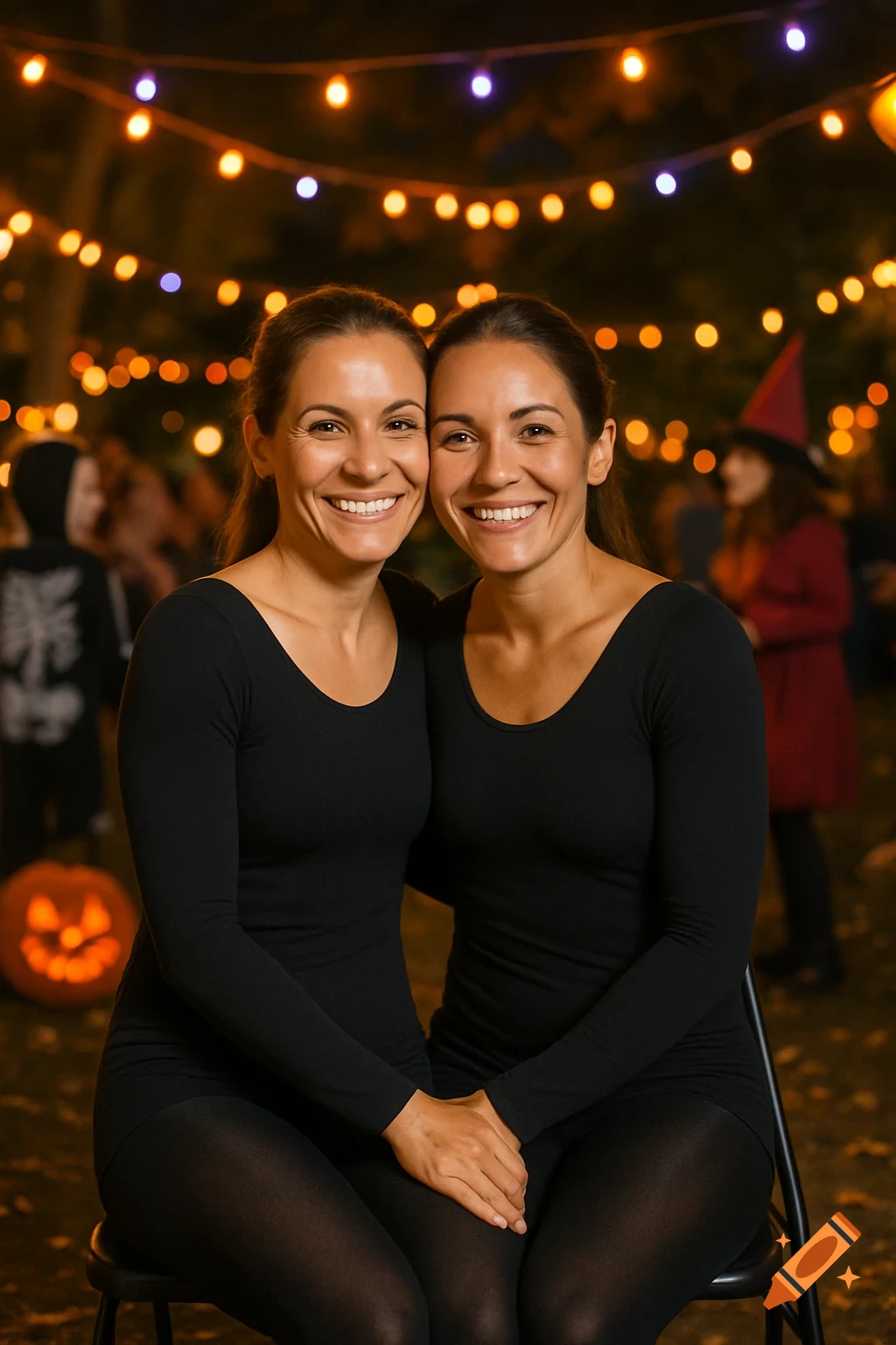 Two smiling women in black outfits appear conjoined at an outdoor Halloween party under string lights.