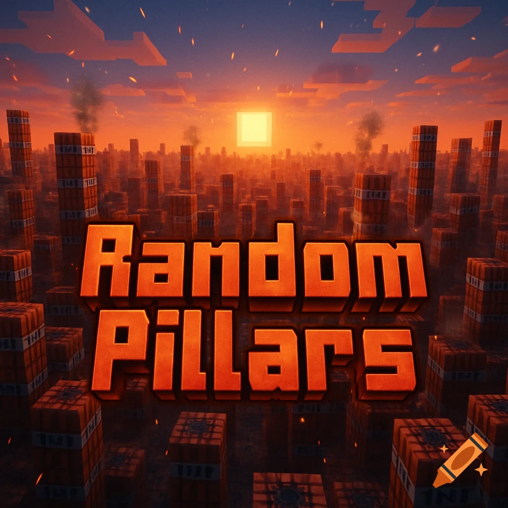 A Minecraft-style cover image showing a city made of TNT pillars under an orange sunset with the text 'Random Pillars'.