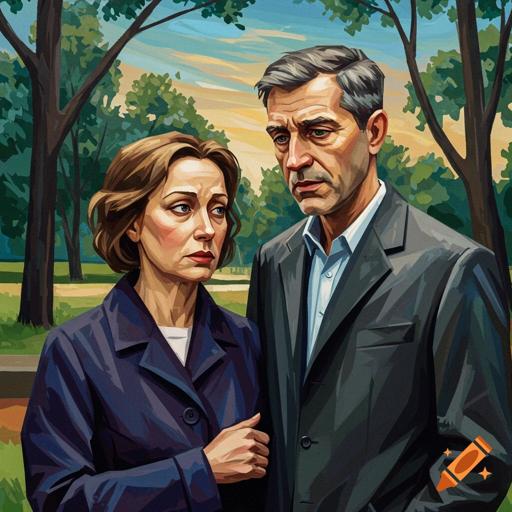 A stylized painting of a somber middle-aged man and woman outdoors in a park.