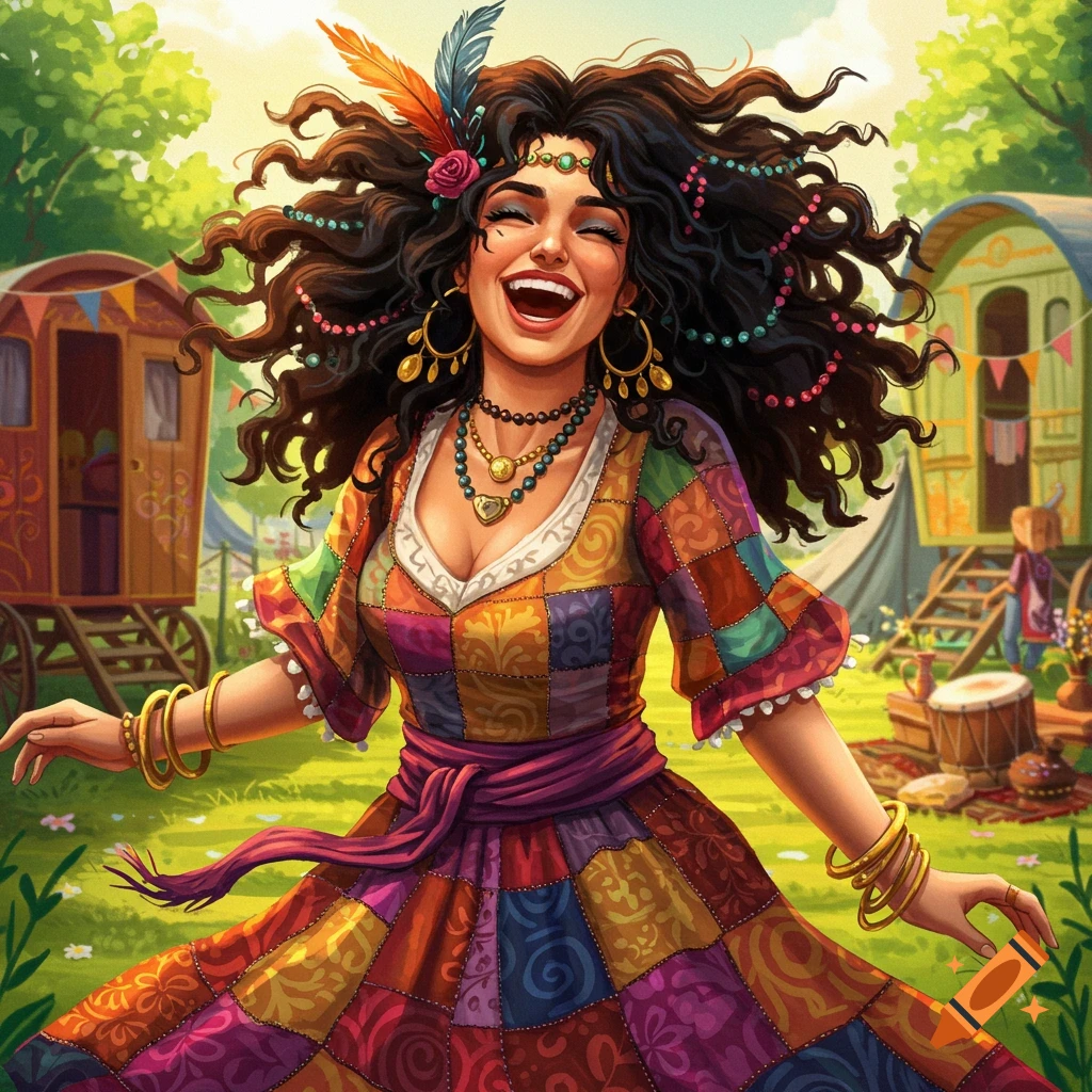 A vibrant illustration of a laughing woman with long curly hair and a colorful patchwork dress, in a lively outdoor camp scene.