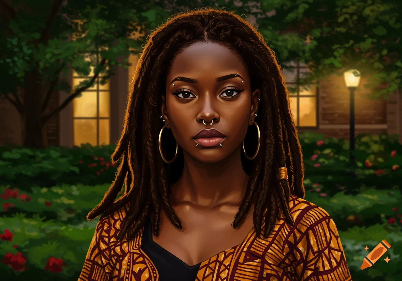 Digital art portrait of a young Black woman with dreadlocks and facial piercings, set against a leafy green outdoor background with warm lighting.