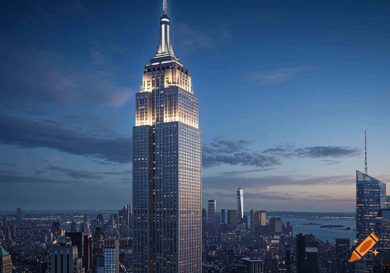 The Empire State Building illuminated at dusk, towering over the New York City skyline.