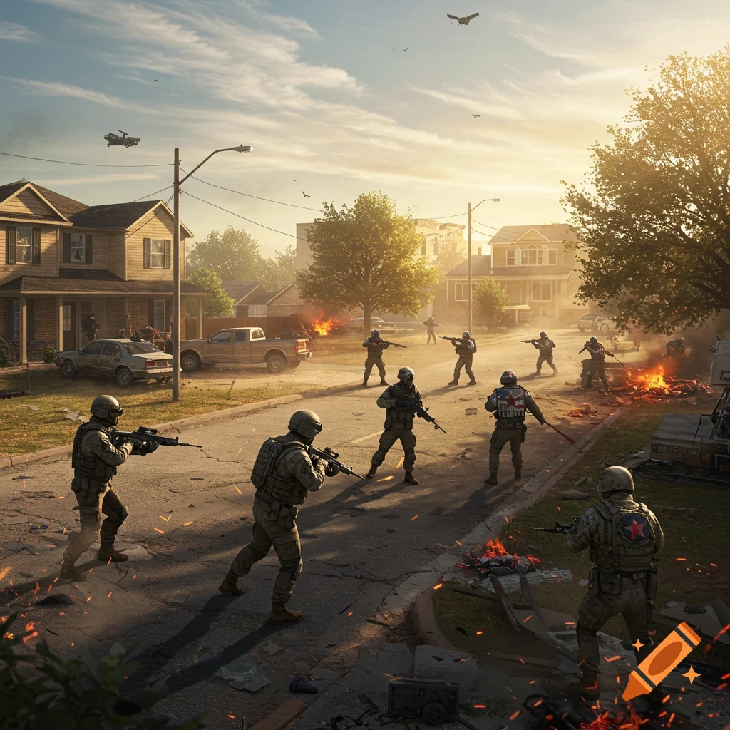 Photorealistic image of soldiers in a suburban street during a conflict, with burning debris and houses in the background under a dramatic sky.