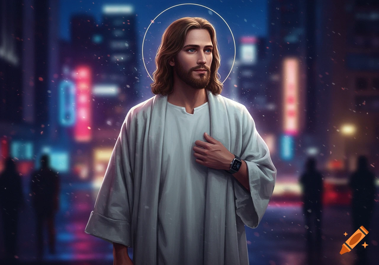 Jesus with long brown hair and beard, white robe, modern wristwatch, halo, in a neon-lit city street at night.