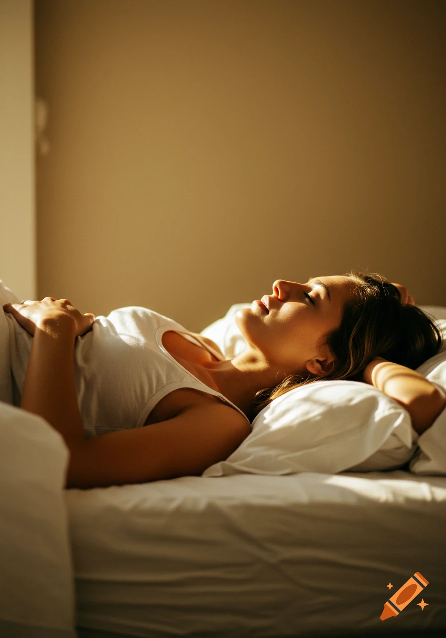 A woman sleeps peacefully in a sunlit bed, one hand on her stomach, the other behind her head.