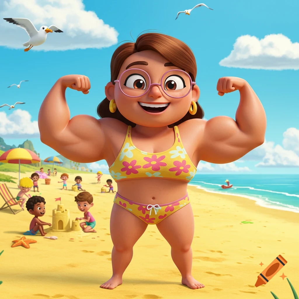 A cartoon woman in a yellow floral bikini flexing her muscles at a sunny beach with children playing.