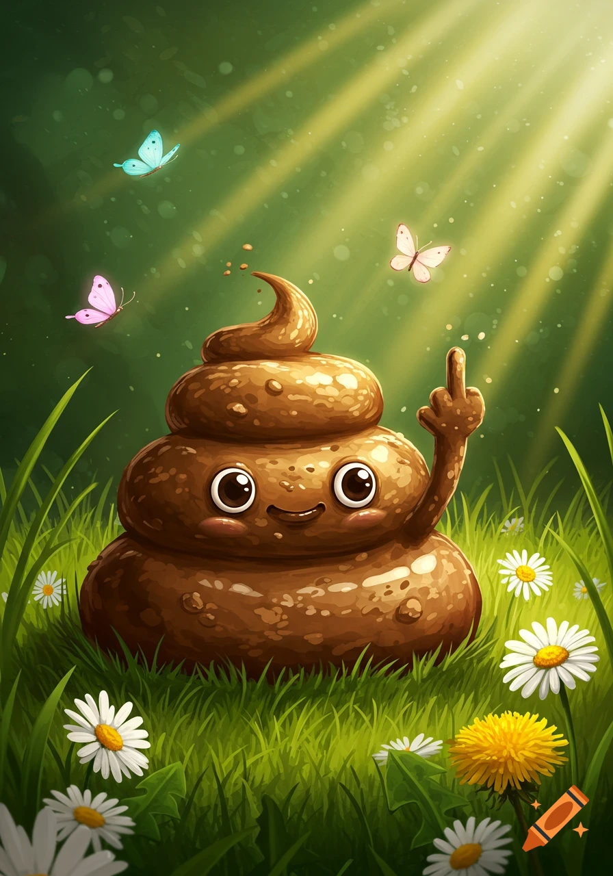 A smiling, cartoon pile of poop gives a middle finger in a sunny, grassy field with butterflies and flowers.