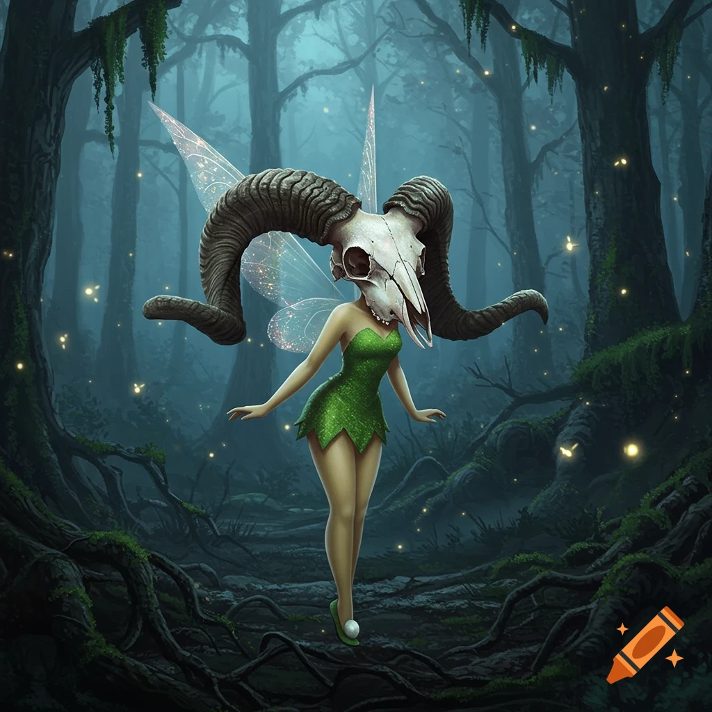 A fairy-like creature with a ram's skull head and green leaf dress stands in a dark, mystical forest filled with glowing fireflies.