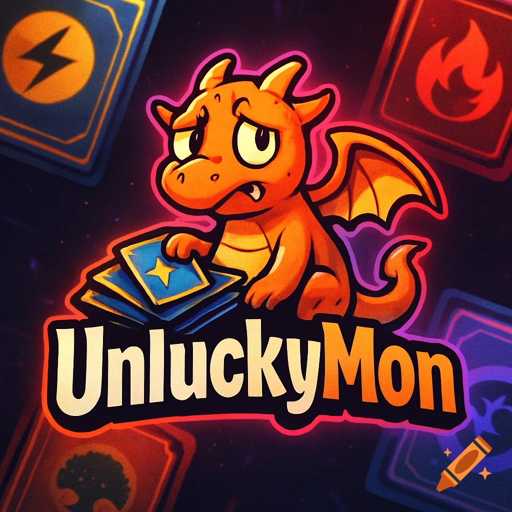 Vibrant logo with a sad orange cartoon dragon holding blue trading cards, with 'UnluckyMon' text below.