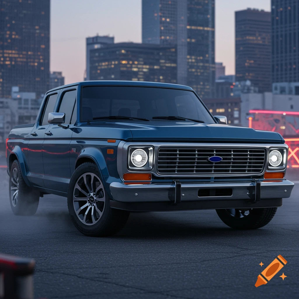 A blue vintage-style Ford F-100 pickup truck with modern wheels parked in a city street at dusk, with buildings in the background.