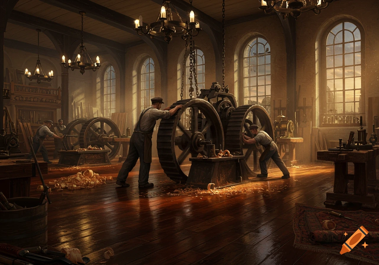 Men work on large wooden gears in a detailed, sunlit workshop with high windows and piles of wood shavings.