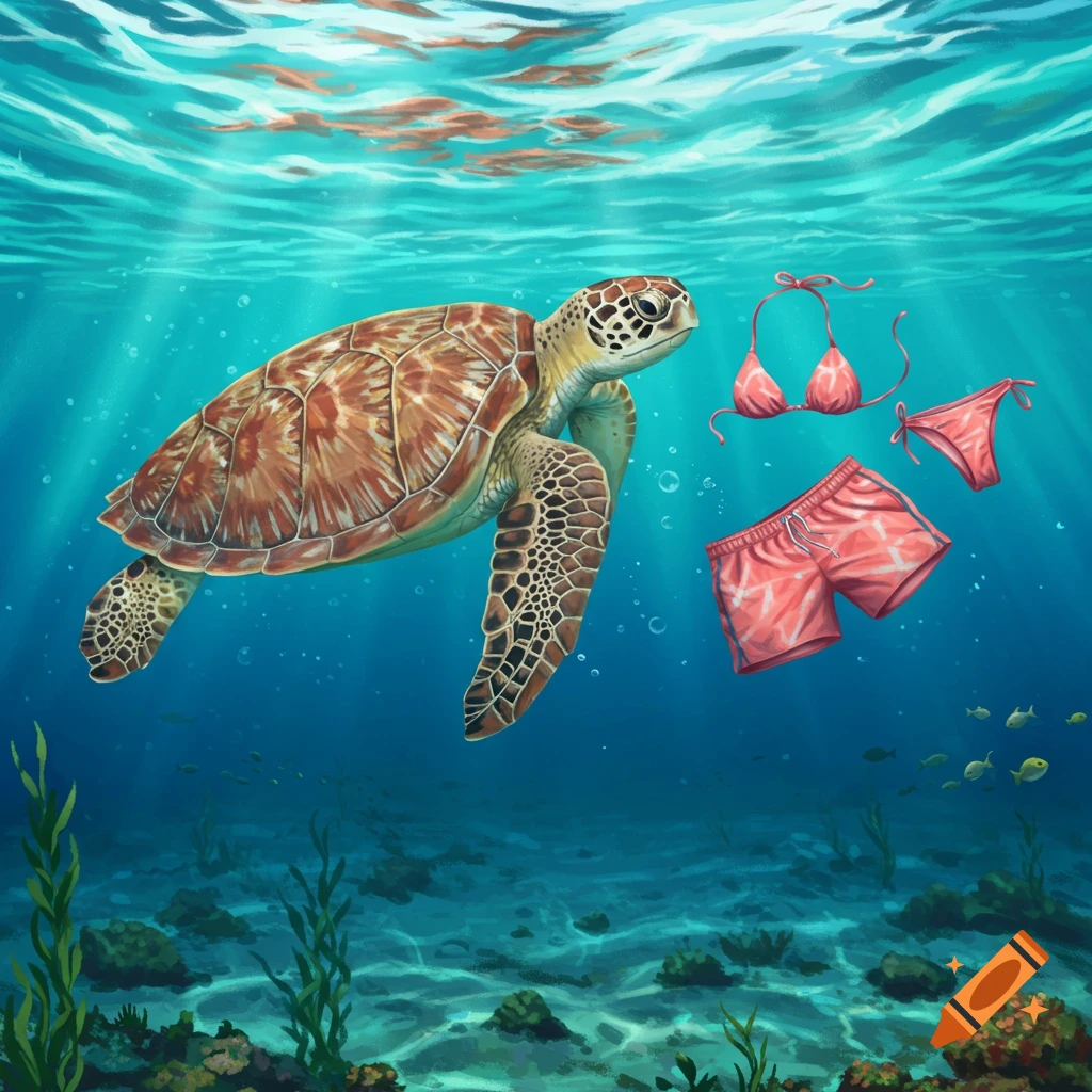 An illustration of a sea turtle swimming underwater next to a floating red bikini and men's shorts.