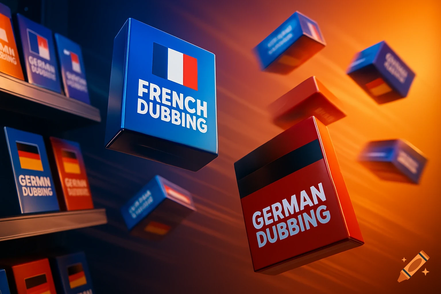 Colorful 3D rendered boxes labeled 'French Dubbing' and 'German Dubbing' flying through the air with motion blur, some on a shelf.
