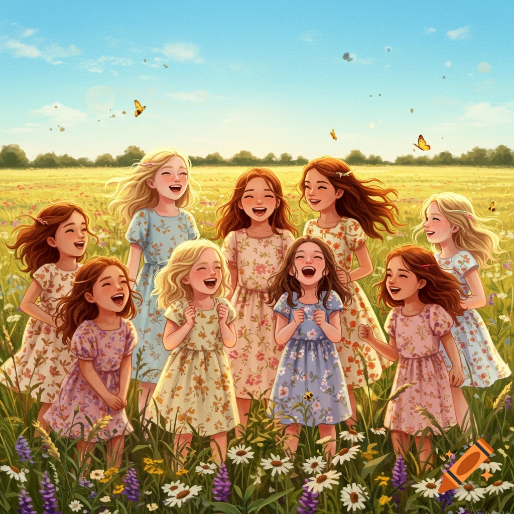 Eight cheerful young girls in floral dresses laugh happily while standing in a sunlit field filled with wildflowers and butterflies.