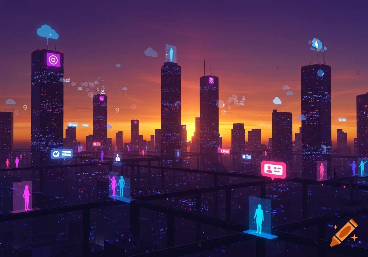 A vibrant, futuristic cityscape at sunset with glowing skyscrapers and abstract social media icons floating in the air.