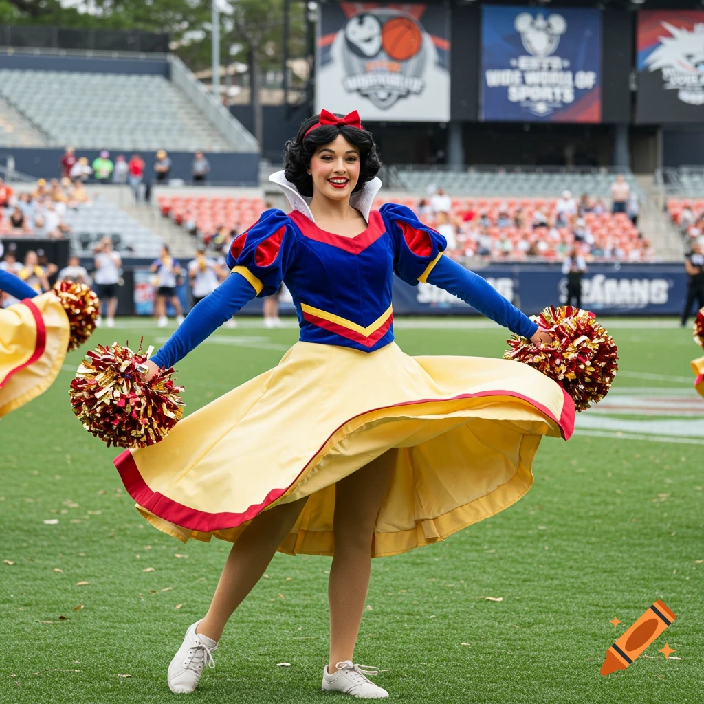 A performer dressed as Snow White in a cheerleader outfit, holding pom-poms on a sports field in a stadium.