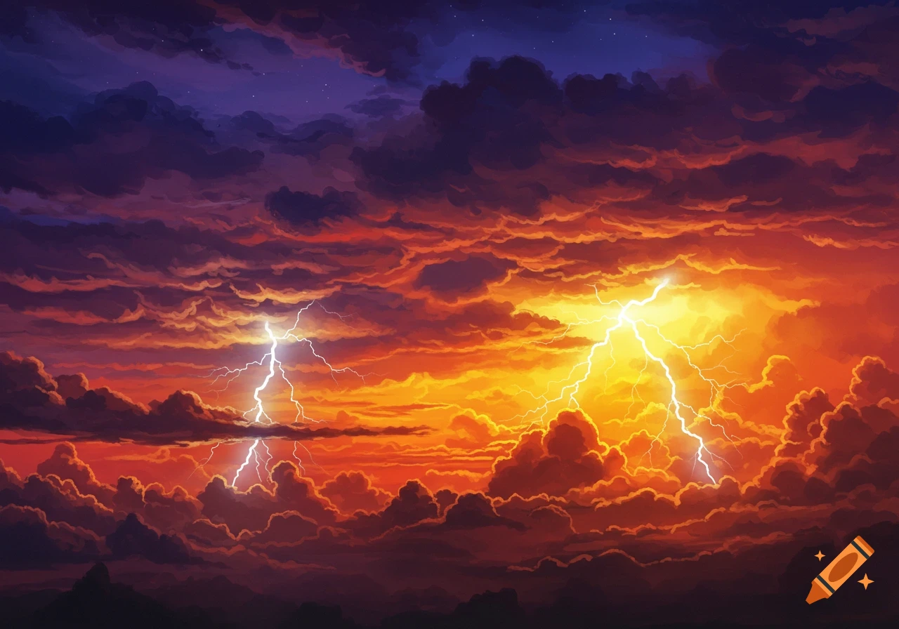 A dramatic sky with vibrant orange, red, and purple clouds, illuminated by multiple bright lightning strikes.