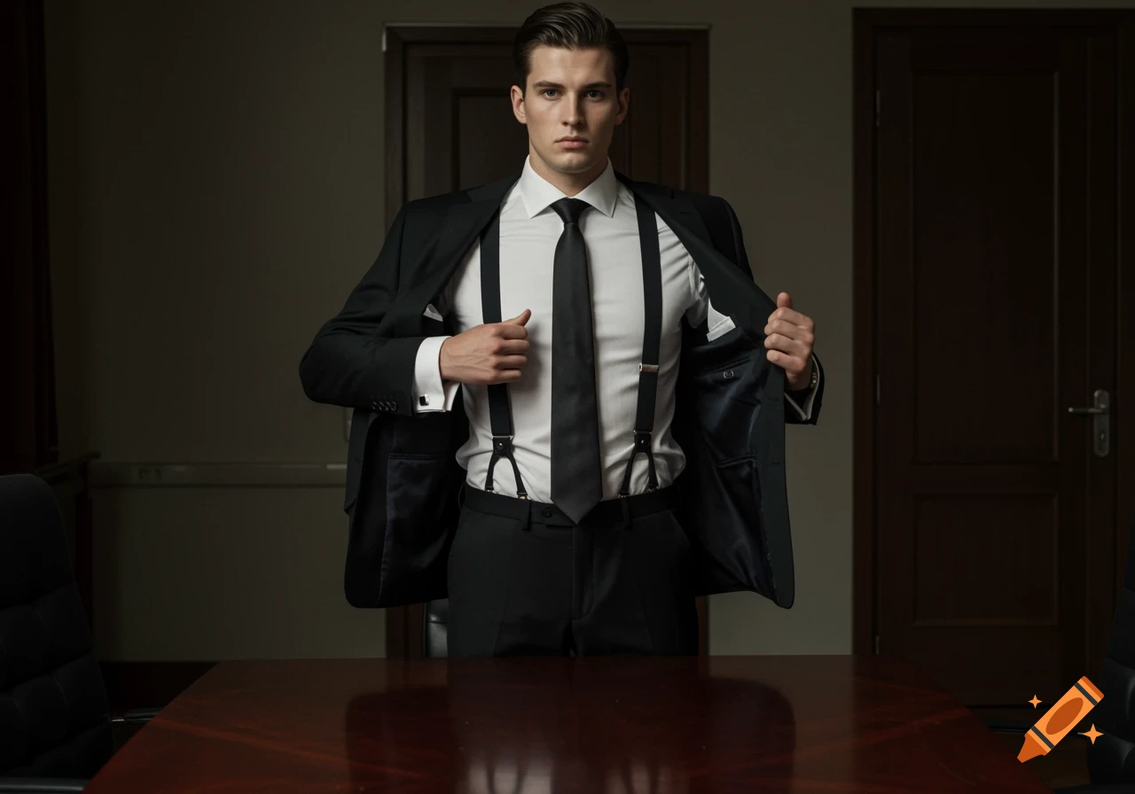 A man in a black suit, white shirt, and black tie removes his jacket, revealing black suspenders, in a dimly lit room.