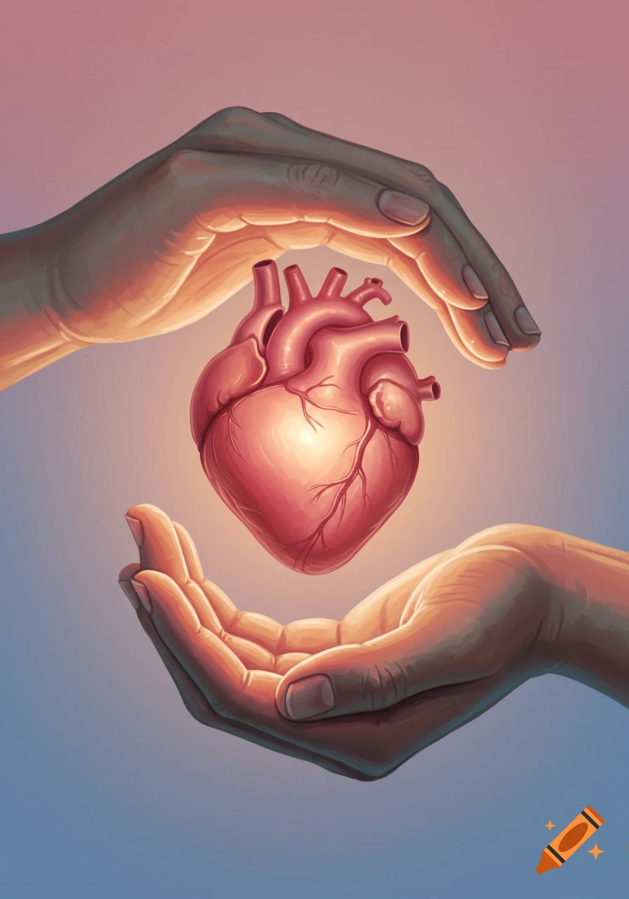 An anatomical heart glows as it is cradled between two cupped hands against a soft gradient background.