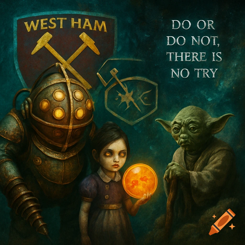 An illustrated crossover with Big Daddy and Little Sister from Bioshock, Yoda, a Dragon Ball, and a West Ham logo on a dark background.