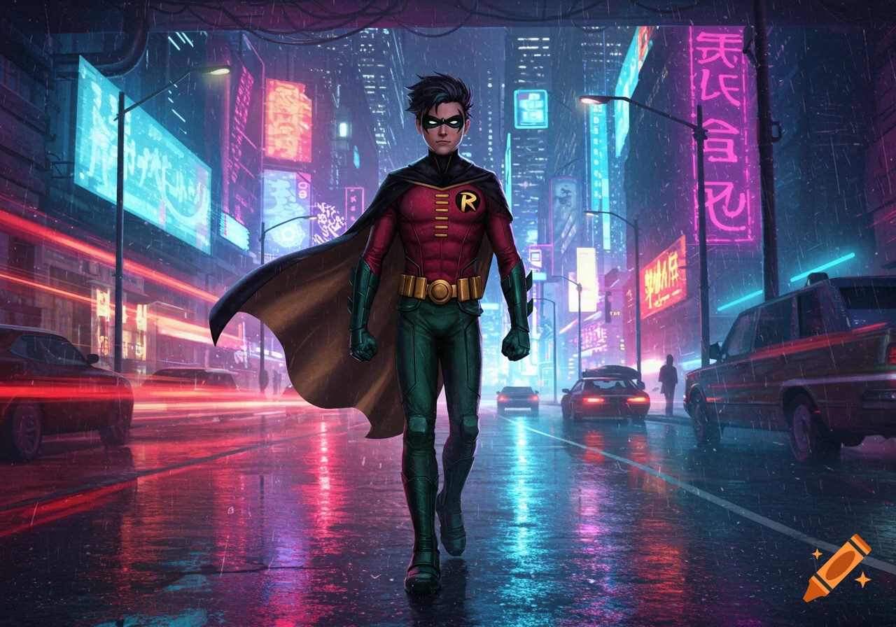 Robin from Teen Titans stands in a rainy neon-lit futuristic city street at night, wearing his red and green suit with an 'R' on his chest and a flowing cape.