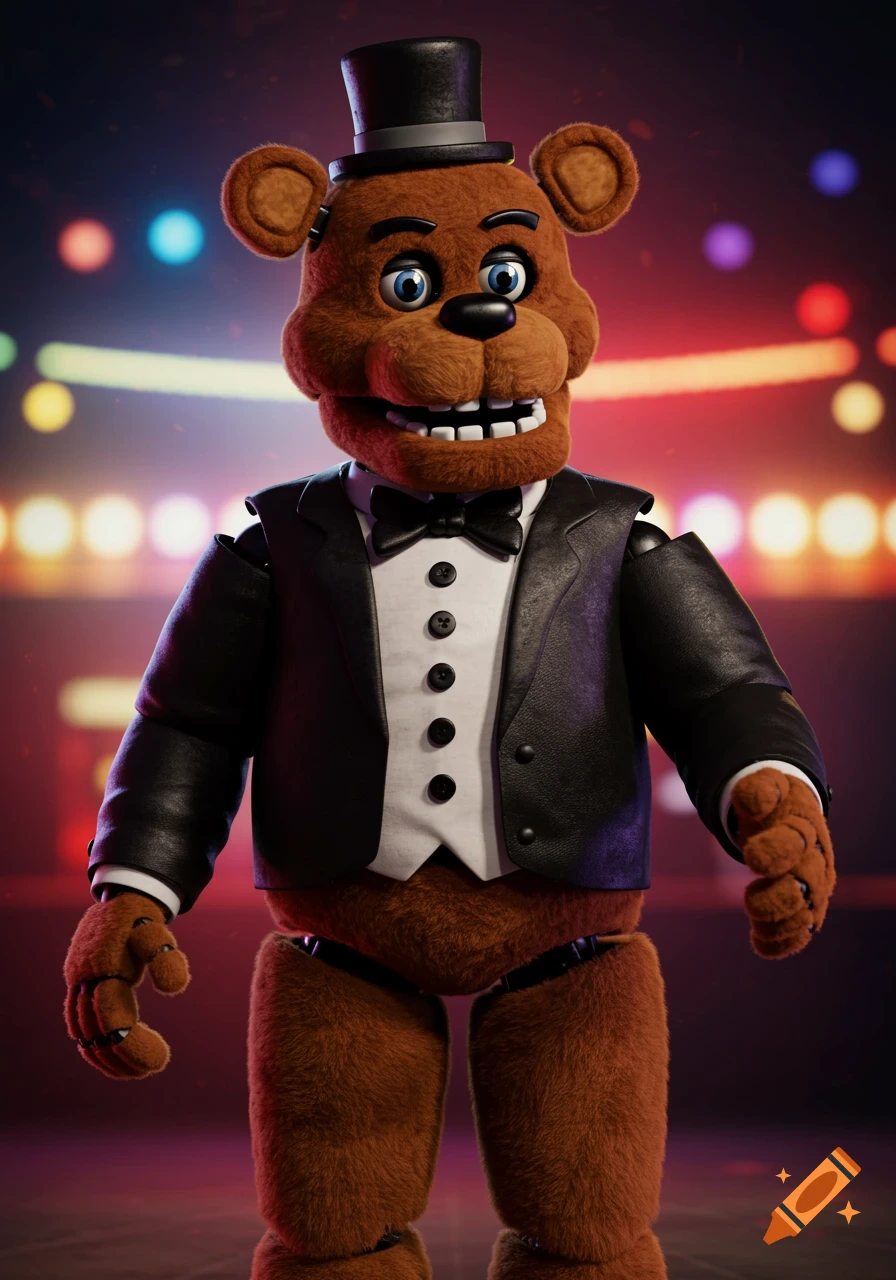A photorealistic brown animatronic bear in a tuxedo and top hat stands on a stage with blurred lights.