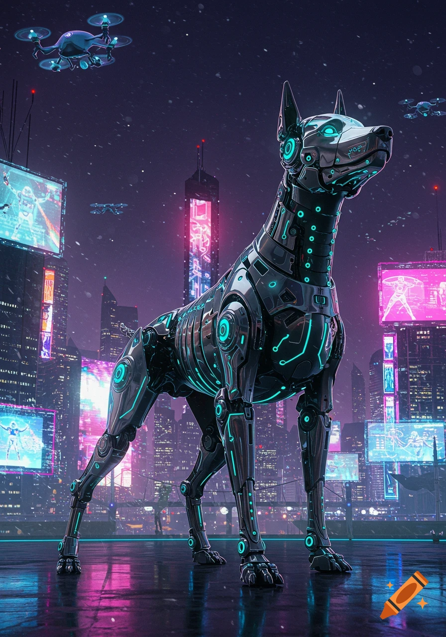 A sleek robotic Doberman dog with glowing blue accents stands in a neon-lit cyberpunk city at night, with drones flying overhead.