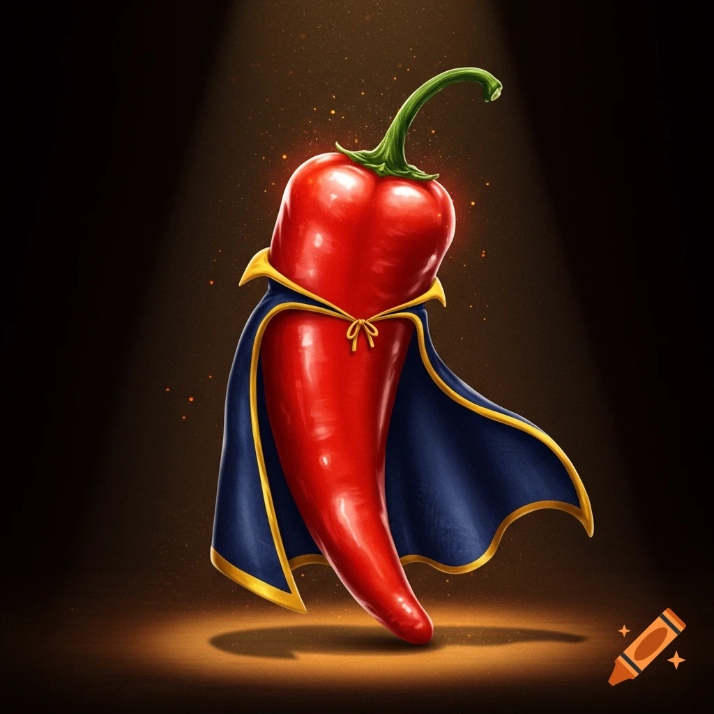 A vibrant red chili pepper wearing a navy blue cape with gold trim, standing in a spotlight.