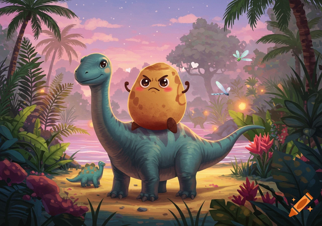 A cute green cartoon brontosaurus with an angry brown potato riding on its back in a vibrant prehistoric jungle at sunset.