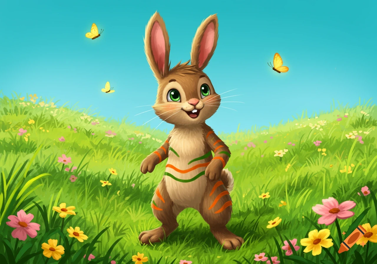 A smiling cartoon brown bunny with green and orange stripes stands in a vibrant green field filled with colorful flowers under a bright blue sky with butterflies.