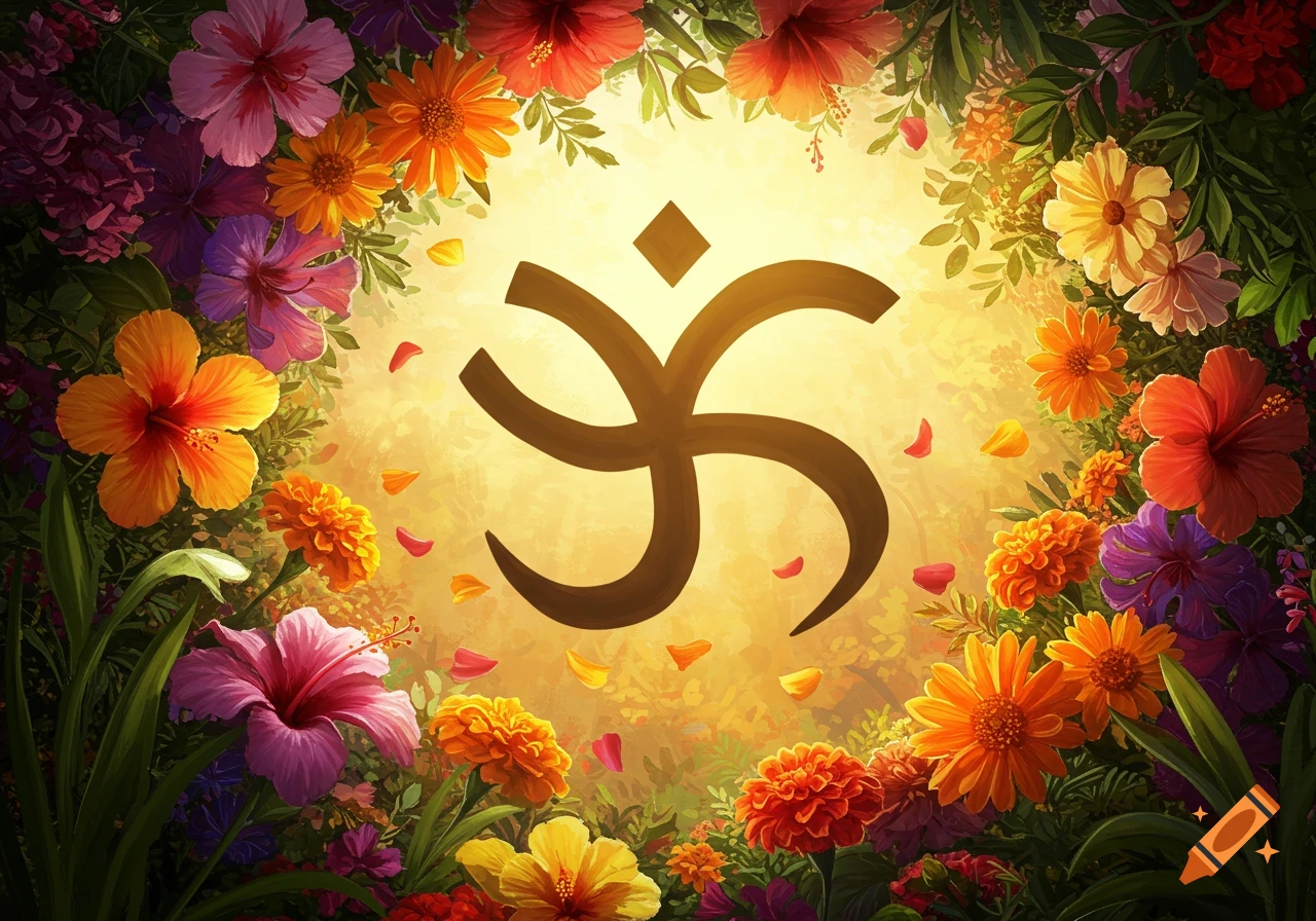 A vibrant illustration of the Gye Nyame symbol glowing amidst a lush border of colorful tropical flowers.